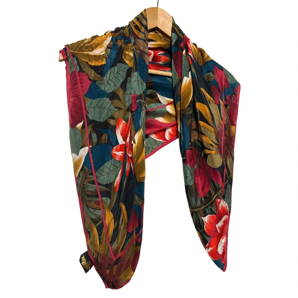 VTG Art of the Scarf Tie Rack London Scarf Teal‎ Red Monstera Floral 32